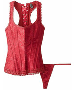 CORSET RACERBACK BROCADE HOOK &amp; EYE FRONT LACE UP BACK G STRING SET RED - $55.83 CAD