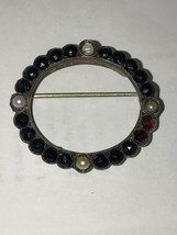 Vintage Mourning Circle Brooch &quot;In Memoriam&quot; Bohemian Garnet or Jet GOLD... - $105.92