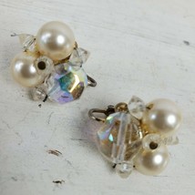 Vintage Estate Cluster Clip Earrings Clear White Faux Pearl 1&quot; Beaded - £17.70 GBP