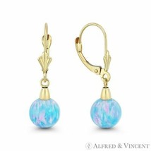 Azure Blue Lab-Created Opal Ball 14k Yellow Gold Leverback Drop Dangle Earrings - £96.54 GBP+