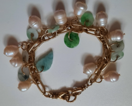 Artisan Charm Bracelet of Grade A Jadeite Jade and Freshwater Pearls, 7 1/2 - £398.74 GBP