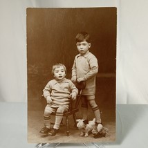 Vintage Photo / Postcard Two Brothers Matching Outfits with a Chair and Toy Dog - £6.33 GBP