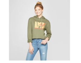 MTV Music Television Women Cropped Hoodie Long Sleeve Green Retro XLarge... - £15.92 GBP