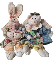 Set 2 Vintage Angel Piggy Bunny Rabbit Plush Twin Babies Floral Dress Primitive  - £13.91 GBP