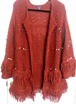 ROAMAN’S Knit Open Fringed Sweater Coat with Bronze Beads in Maroon Red~M14/16 - £15.85 GBP