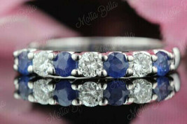 14k White Gold FN 0.55Ct Round Blue Sapphire Diamond Half Eternity Wedding Band - £66.91 GBP