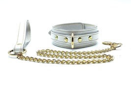BDSM White Leather Vienna Collar &amp; Chain Leash with Gold Stitching &amp; Har... - £82.95 GBP