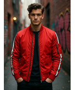 Red Bomber Jacket with Black &amp; White Sleeve Stripes – Men’s Streetwear S... - $119.00