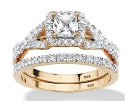 Princess Cz Wedding 2 Gp Ring Set Band 14K Gold Sterling Silver 6 7 8 9 10 - £160.73 GBP