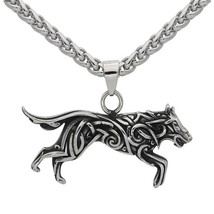 Norse Fenrir Necklace Silver Stainless Steel Viking Wolf Pendant Odin Thor - £20.53 GBP