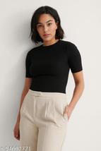 Round Neck Half Sleeve Ribbed Top for Women (BLACK) - £23.21 GBP