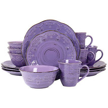 Elama Rustic Birch 16 pc Stoneware Dinnerware Set in Purple - £64.85 GBP
