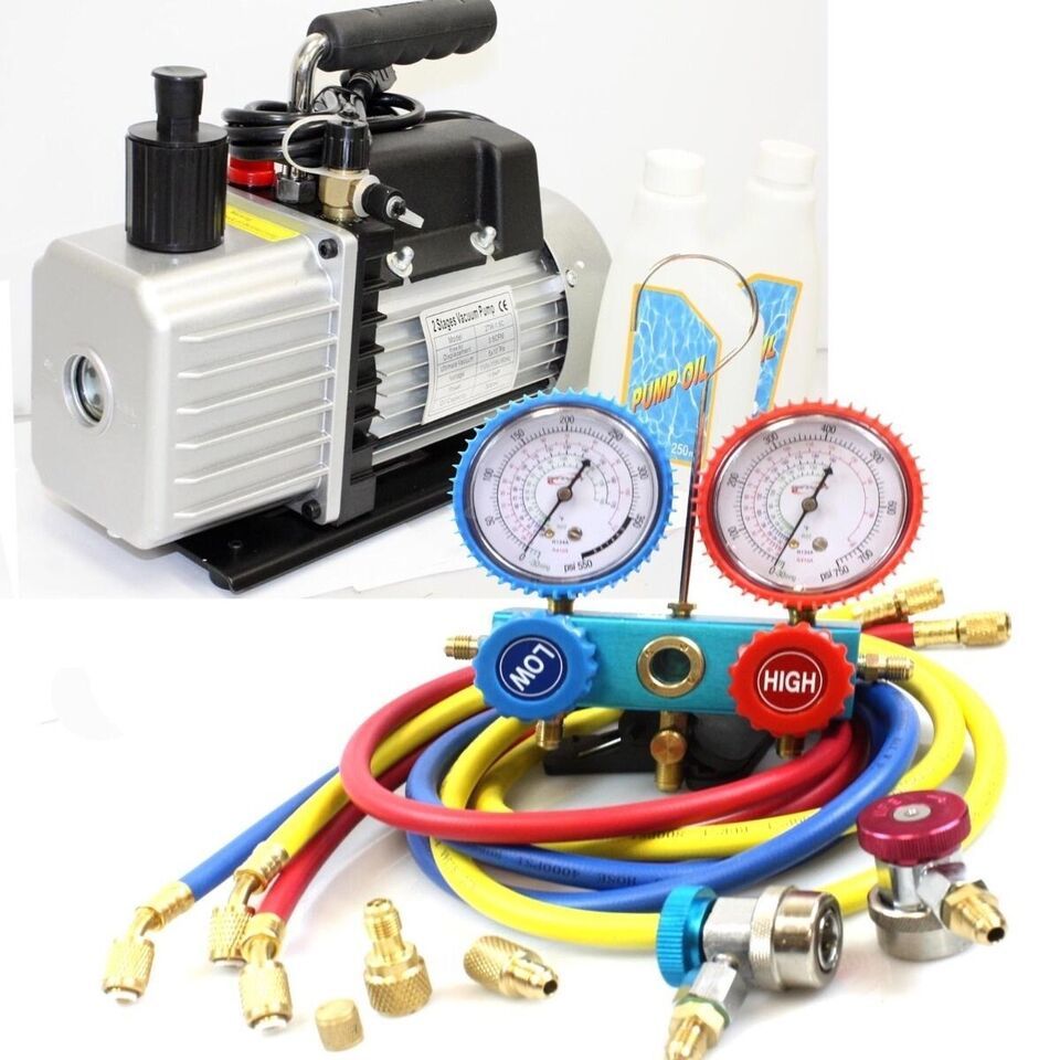 COMBO 3.5CFM TWO STAGE A/C VACUUM PUMP &amp;  R410A R134A HVAC AC MANIFOLD G... - $186.99