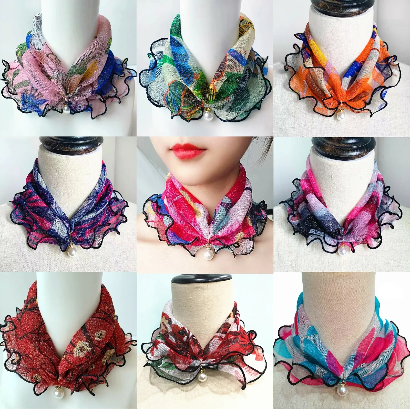 Women Ladies Lace Pearl Scarf Scarves Headband Headscarf Square Scarf Neck Wrap - £9.39 GBP