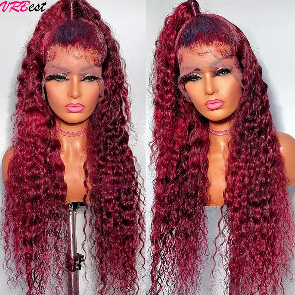 99j Deep Wave Frontal Wig Burgundy Lace Front Wig Human Hair Water Wave 13x4  - £228.28 GBP