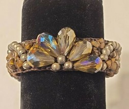 Boho Chic Beaded Crocheted &quot; Cuff Bracelet Crystals Tiger&#39;s Eye Metal - £15.97 GBP