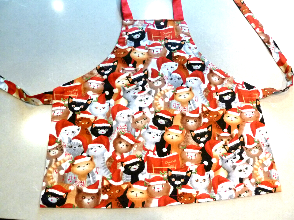 Christmas Cats Apron for young Child 16&quot; long front Red dotted reversible - $5.53