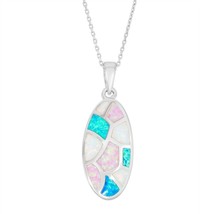 Silver White, Pink, and Blue Inlay Opal Oval Mosaic Style Pendant - £62.65 GBP