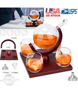 1000ML Whiskey Decanter Globe Set with 4 Etched Globe Whisky Glasses For... - £70.52 GBP