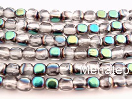 50 4 x 4 mm Czech Glass Cube Beads: Crystal - Green Vitral - £1.11 GBP