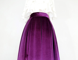 Winter PURPLE Midi Pleated Skirt Women Plus Size Velvet Pleated Midi Skirt image 5