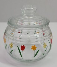 VTG Glass Candy Mint Nut Jar w/ Lid 5&quot; Tulip Daisy Spring Flowers KIG Indonesia - £9.90 GBP