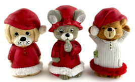 Jasco Christmas Bells Animals Puppy Dog Bear and Mouse Ceramic Small Red White - £21.31 GBP