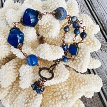 Sodalite Gemstone Czech Glass Bracelet Antique Copper Tone Handmade - £19.97 GBP