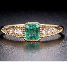 Emerald Diamond Art Deco Proposal Ring 14K Yellow Gold Edwardian Style Women  - £798.55 GBP