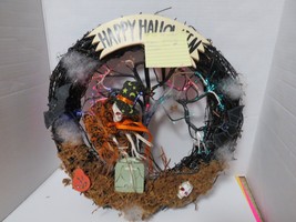 Happy Halloween Wicker Wood Lighted Scary Door Wreath Handmade 15&quot; Diameter - £16.31 GBP