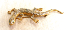 Vintage Gold Toned Lizard Pin Brooch Silver Glitter Painted Green Eyes 16-d - $645.41 MXN