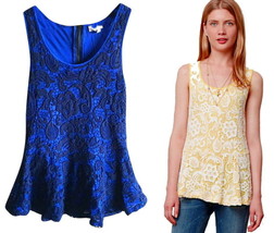 Anthropologie Lace Overlay Top Medium 6 8 Blue Swingy Cotton Tank Blouse Shirt - £37.23 GBP