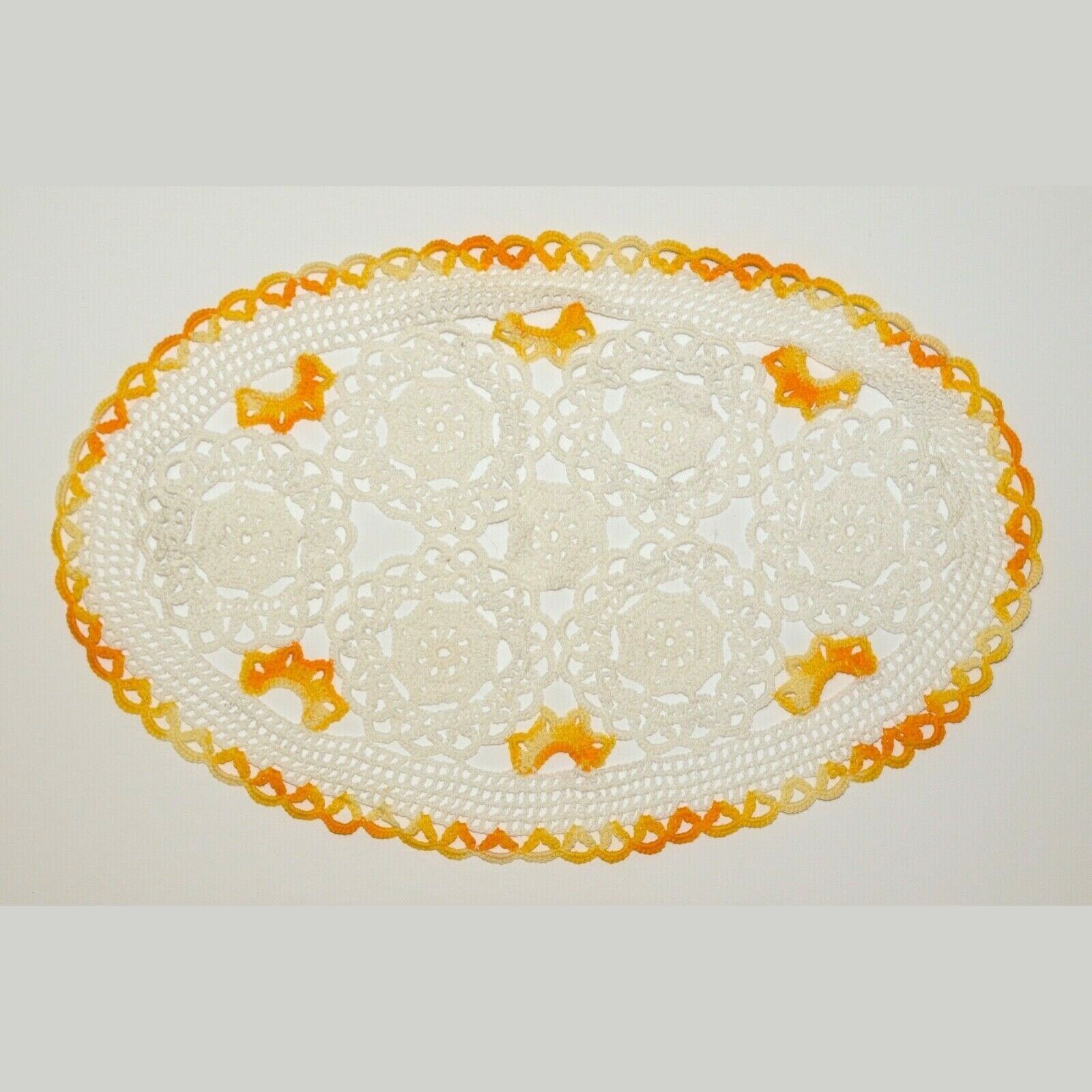 Primary image for Vintage Crochet Cotton Lace Orange White Oval  Doily Mat 18" x 11"