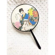 Vintage Japanese Paddle Fan w/Hand Painted Silk Geisha, Black Tasseled H... - $217.58 MXN