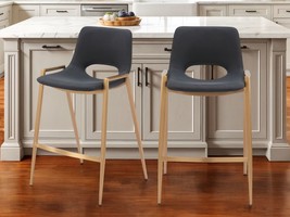 Set of Two 26" Black And Gold Faux Leather And Steel Low Back Counter Height Bar - $11,724.03 MXN