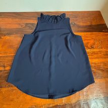 J.Crew Navy Blue Ruffle Neck Sleeveless Blouse Top Medium Keyhole Back C... - $11.09