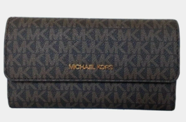 New Michael Kors Jet Set Travel Large Trifold Wallet Signature Brown - $71.16