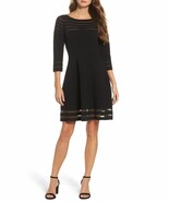 ELIZA J  BLACK SHEER MESH STRIPE FIT &amp; FLARE SWEATER DRESS 3/4 SLEEVE XS... - $76.11 CAD