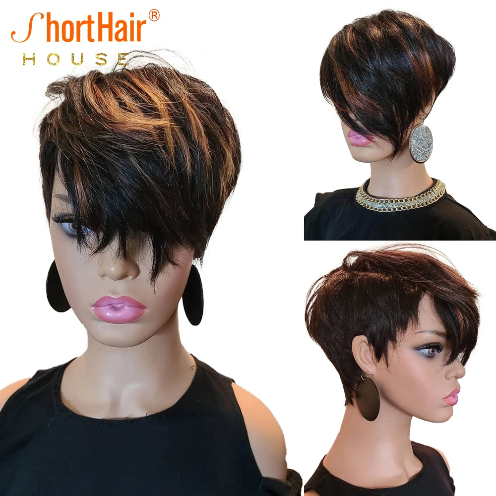 Highlight Short Cut Bob Human Hair Wigs With Long Natural Bangs For Black Women - £41.93 GBP+