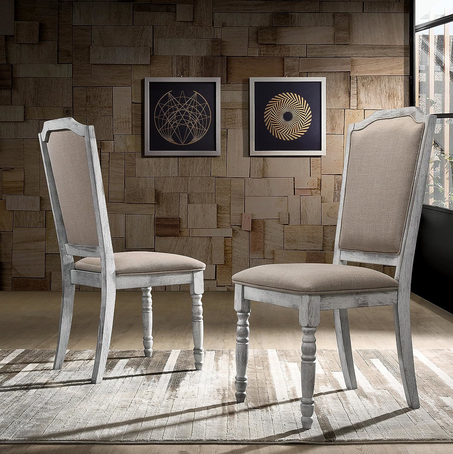 Iris Turned Leg Wood Dining Chairs By Roundhill Furniture, Set, Weathered White. - $194.95