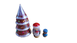 Original Russia Xmas Tree+Santa+Snowman Nesting Doll 3-pc Set/Beads/Handmade/NEW - £10.54 GBP