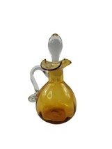 Vintage Handblown Art Glass Amber Cruet with Clear Handle &amp; Stopper  - £13.80 GBP