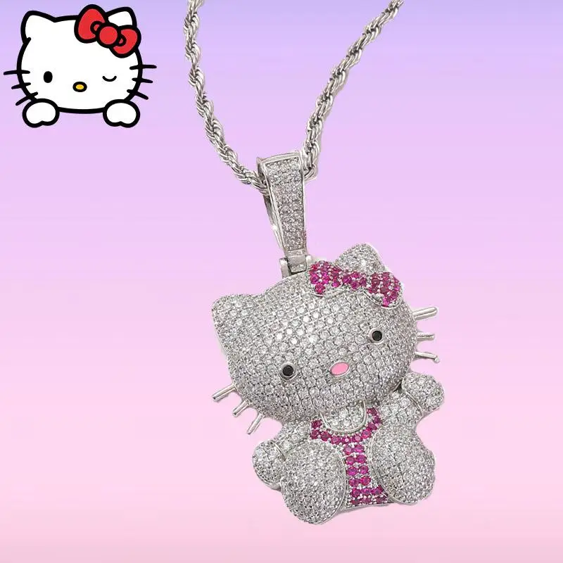 Kawaii Hello Kitty Necklace Hip-Hop Anime Sanrio Diamond Pendant Stainless Steel - £16.95 GBP+