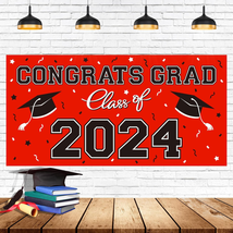 2024 Graduation Party Plastic Backdrop - 65&quot; X 32.7&quot; Congrats Grad Banner in Red - £14.13 GBP