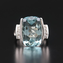 14K Gold 8CT Cushion Cut Aquamarine &amp; Moissanite Engagement Bridal Wedding Ring - £1,044.33 GBP