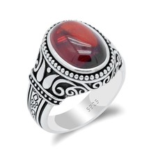 925 Silver Ring Men's Red Zircon Inlaid Sterling Silver Ring Vintage Engraving D - £44.40 GBP