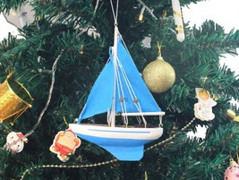 [Pack Of 2] Wooden Light Blue Sailboat with Light Blue Sails Christmas Tree O... - £32.74 GBP