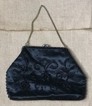 Vintage Richere Black Satin Hand Beaded Kiss Lock Evening Bag Purse Chain Strap - £11.67 GBP