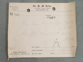 1923 antique DRUGGIST PRESCRIPTION hazleton pa DR. H. M. KELLER - £22.71 GBP