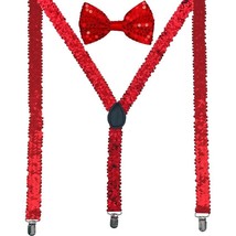 Men AB Elastic Band Red Sequin Suspender With Matching Polyester Bowtie - £3.89 GBP